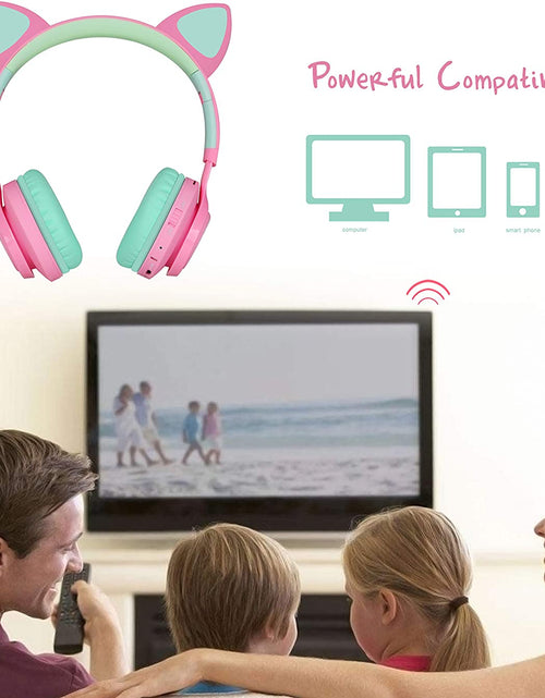Load image into Gallery viewer, CT-7 Cat Ear Bluetooth Headphones, LED Light up Bluetooth Wireless over Ear Headphones with Microphone and Volume Control for Travel/School/Smartphones/Laptop/Pc/Tv (Pink&amp;Green)
