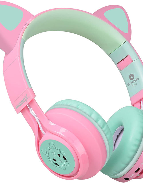 Load image into Gallery viewer, CT-7 Cat Ear Bluetooth Headphones, LED Light up Bluetooth Wireless over Ear Headphones with Microphone and Volume Control for Travel/School/Smartphones/Laptop/Pc/Tv (Pink&amp;Green)

