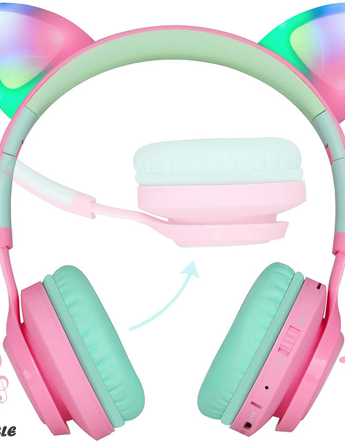 Load image into Gallery viewer, CT-7 Cat Ear Bluetooth Headphones, LED Light up Bluetooth Wireless over Ear Headphones with Microphone and Volume Control for Travel/School/Smartphones/Laptop/Pc/Tv (Pink&amp;Green)
